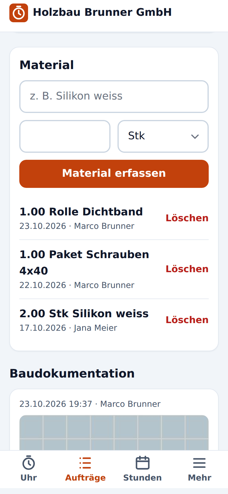 Auftrag mit Fotos, Notiz und Material