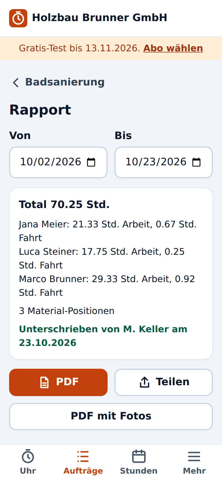 Rapport mit Unterschrift des Kunden