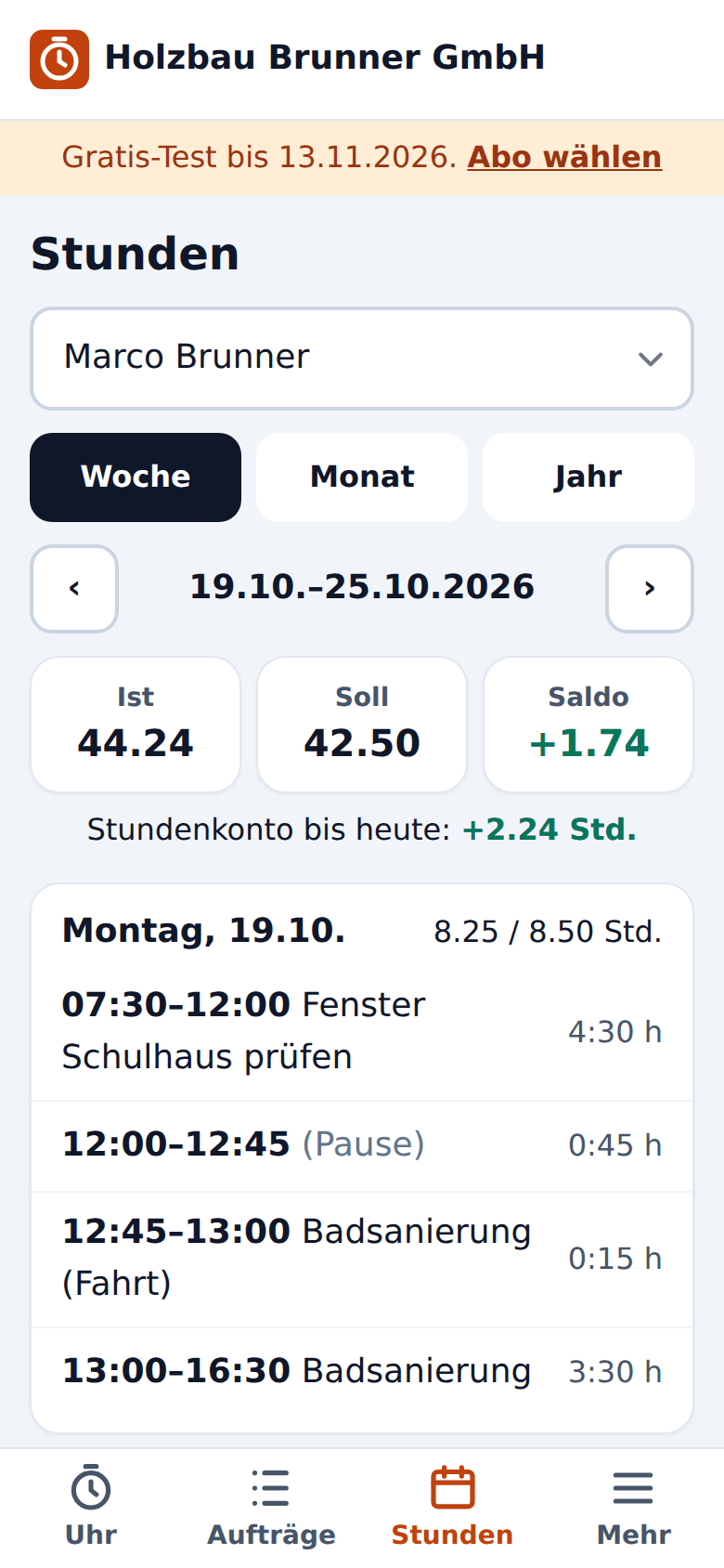 Stunden der Woche mit Soll und Saldo
